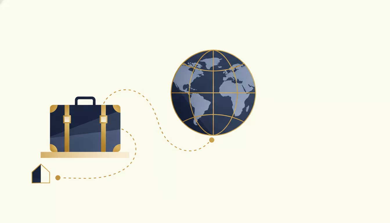 Illustration d'une valise et d'un globe relié à un patrimoine resté en France