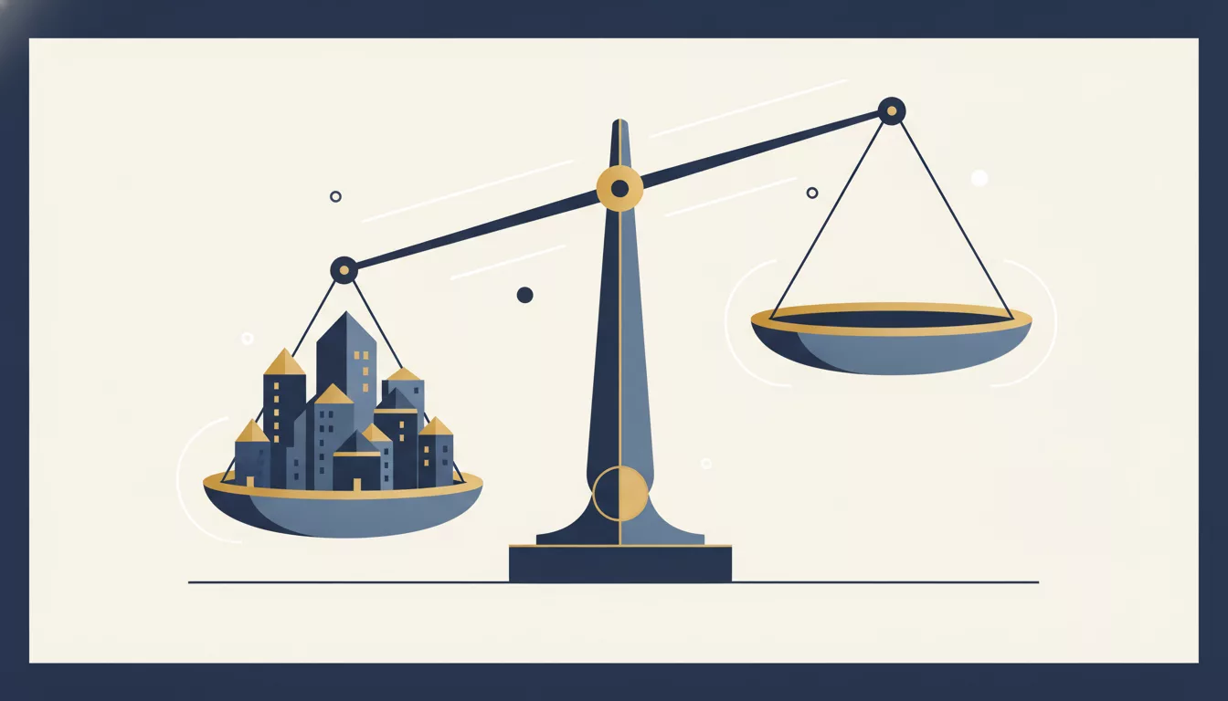 Illustration d'un ensemble de biens immobiliers pesés sur une balance
